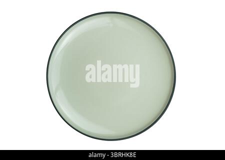 Empty green ceramic dish. Top view of empty plate with green edge isolated on white background with clipping path Stock Photo
