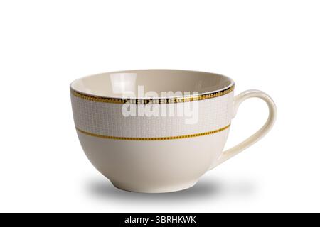 Empty brown ceramic coffee cup with golden pattern decorated edge isolated on white background with clipping path in side view closeup horizontal form Stock Photo