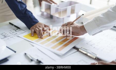 Architecture drawing on architectural Creative project business architecture building construction Industrial engineering Achievement Planning Design Stock Photo
