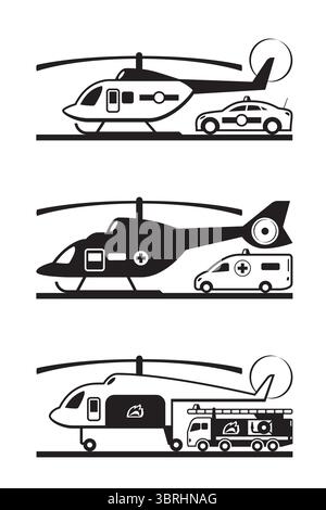 Helicopters with police car, ambulance bus and fire truck – vector illustration Stock Vector