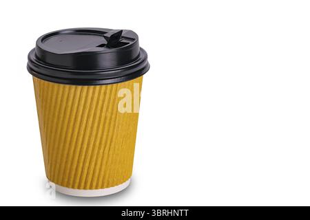 High angle view of brown paper coffee cup with opening on the black plastic lid isolatedon white background with clipping path Stock Photo