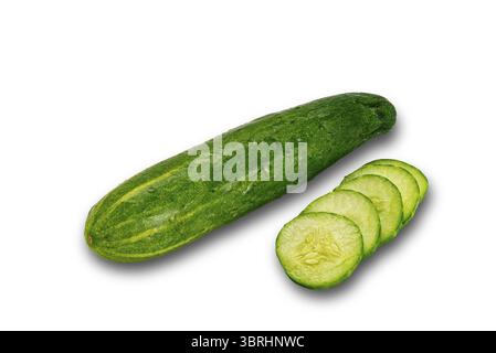 Fresh green cucumber whole and sliced isolated on white background with clipping path Stock Photo