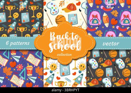 Back to School vector seamless patterns. Hand-drawn rockets, notebooks, trophies, paint, backpacks and books. Fun cartoon design for kids stationery Stock Vector