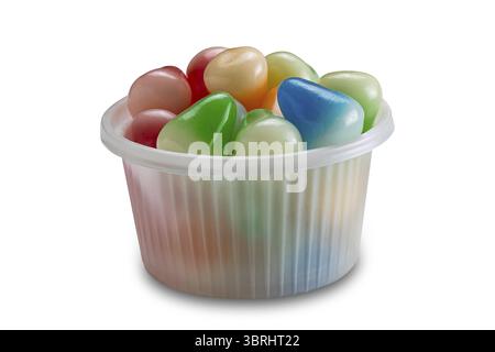 Colorful crispy jelly. Closeup view of colorful crispy jelly in plastic cup isolated on white background with clipping path Stock Photo