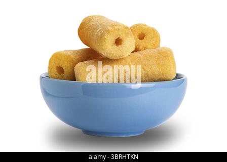 Roller corn snack in blue ceramic bowl isolated on white background with clipping path Stock Photo