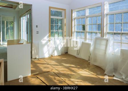 Preparation for installation for under construction, remodeling, renovation, extension restoration and reconstruction door Stock Photo