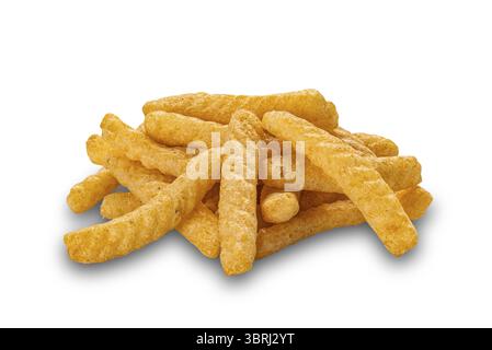 Pile of crispy finger chip prawn cracker isolated on white background with clipping path Stock Photo