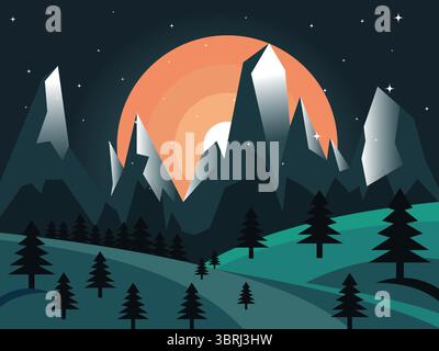 Vector Illustration of Night View of Mountains with Orange Sunset and Pine Forest in Minimalist Flat Style Stock Vector