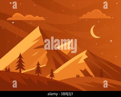 Warm Mountain Night Scene Flat Vector Illustration With Orange Palette, Featuring Pine Trees, Crescent Moon, Stars And Clouds. Perfect For Nature, Adv Stock Vector
