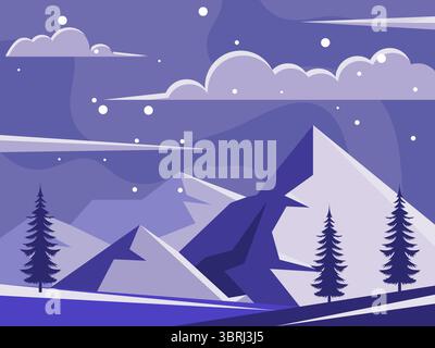 Flat vector illustration featuring a serene mountain night landscape with pine tree silhouettes and soft snow, Perfect for winter themed designs. Stock Vector