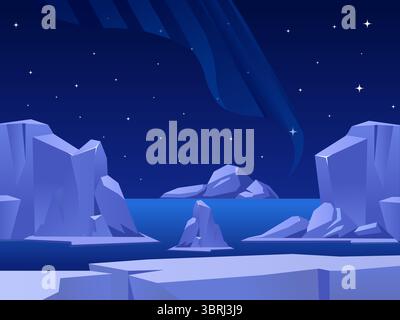 Flat Vector Illustration of Polar Night Landscape with Icebergs, Frozen Sea, and Starry Sky in Minimalist Geometric Style Stock Vector