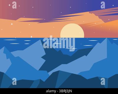 Flat minimalist vector illustration with clean geometric shapes depicting a large sunset over a blue sea, sharp icebergs in the foreground, and an ora Stock Vector