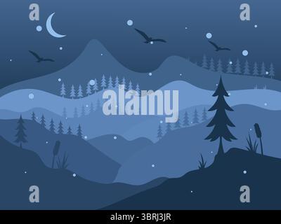 Vector Illustration of Blue Mountain Forest Scenery Background in a Quiet Night, Featuring Pine Trees, Moon, Snow, Stars, Flying Birds Silhouettes Stock Vector