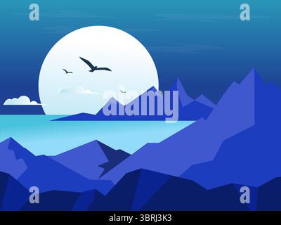 Minimalist Flat Vector Illustration With Blue Color Palette Featuring Silhouetted Mountains, Big Full Moon, Calm Sea And Flying Birds In The Blue Morn Stock Vector