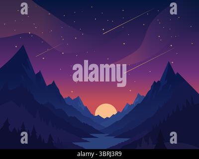 Minimalist Vector Illustration Of A Mountain Valley At Sunset With A Starry Night Sky And Shooting Stars. Perfect For Nature-Themed Posters, Wallpaper Stock Vector