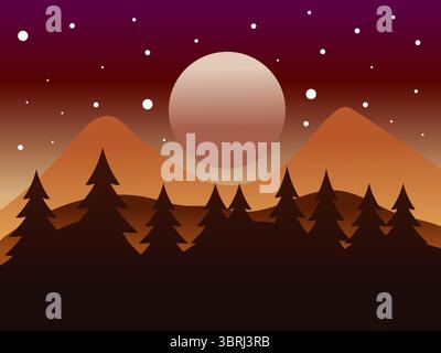 Minimalist Flat Style Vector Illustration With Red, Orange, And Purple Gradient Color Palette, Featuring Dark Pine Forest, Silhouetted Mountains, And Stock Vector