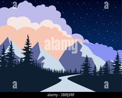 Minimalist Flat Style Vector Illustration With Contrasting Pastel Color Palette, Featuring Snowy Mountains, Rows Of Dark Pine Trees, Winding Road In T Stock Vector