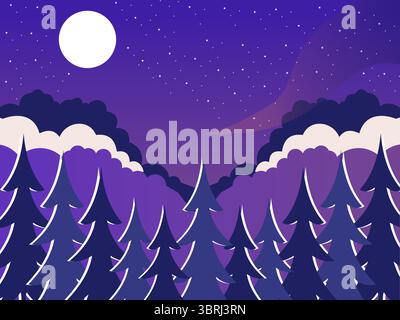 Minimalist Flat Style Vector Illustration With Dark Purple And Beige Color Palette, Featuring A Lush Pine Forest With A Large Full Moon In A Starry Ni Stock Vector