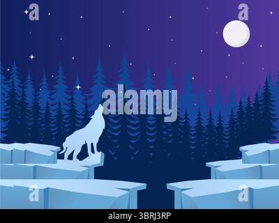 Minimalist flat vector illustration with clean silhouette featuring a white wolf howling on an icy cliff, dark blue pine forest background, and purple Stock Vector
