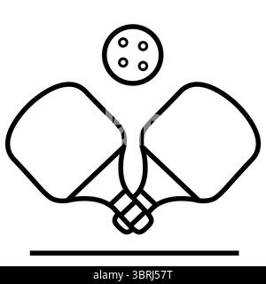 Line art vector of two crossed pickleball paddles with a ball above and baseline. Clean and modern design perfect for sports apps, infographics, brand Stock Vector