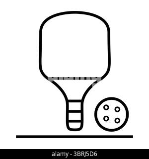 Outline vector illustration of a pickleball paddle and ball resting on a baseline. Clean, modern and minimal design for sport apps, infographics, prod Stock Vector