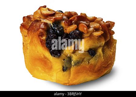 Chocolate butter bun garnished with raisin and nuts. Closeup view of delicious homemade chocolate butter bun garnished with raisin and nuts isolated o Stock Photo