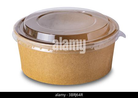 Eco-friendly brown paper bowl cover with transparent plastic lid isolated on white background with clipping path Stock Photo