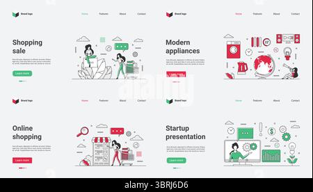 Explore an online sale on modern appliances to enhance your home and check out a creative startup presentation with colorful graphics showcasing web design and unique flat style illustrations Stock Vector