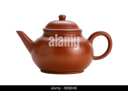 Closeup of the old clay red chinese teapot isolated on white background with clipping path Stock Photo