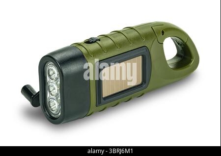 Side view of mini solar cranking LED flashlight isolated on white background with clipping path. This device charge battery by solar cells or turning Stock Photo