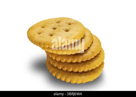 High angle view stack of crunchy salted round crackers isolated on white background with clipping path Stock Photo