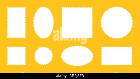 Set of postage stamp frames. Empty borders. Circle, rectangular blank vintage stamps. Backdrops for postcards, letters. Tags, labels, coupons, boxes Stock Vector
