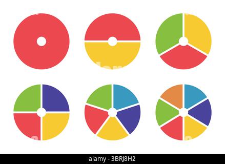 Donut chart segmented on equal parts. Wheels divided in from 1 to 6 sections. Set of diagrams infographic multicoloured. Circle minimal section graph Stock Vector