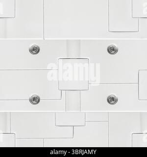 Seamless 4k photo texture material of white colored plastic tech panel surface with metal screws. Stock Photo