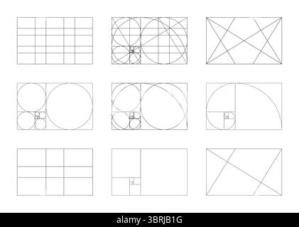 Golden ratio templates. Method golden section patterns. Fibonacci array, numbers shapes. Harmony proportions forms. Outline graphic illustration Stock Vector