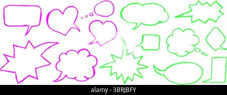 Acid green and pink color outline speech bubbles with rough crayon texture and graffiti style. Abstract charcoal set for message. Isolated Stock Vector