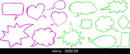 Acid green and pink color outline speech bubbles with rough crayon texture and graffiti style. Abstract charcoal set for message. Isolated Stock Vector