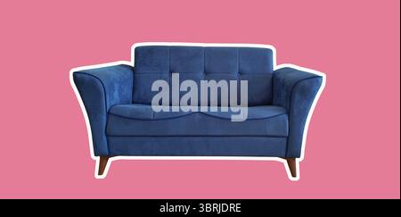 Blue sofa with legs isolated on pink background, fashion magazine style Stock Photo