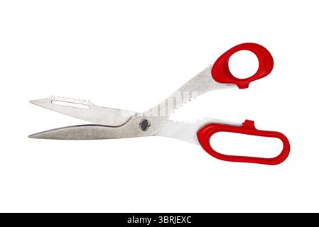 Top view a pair of metal with red plastic handle kitchen scissors or shears isolated on white background with clipping path Stock Photo
