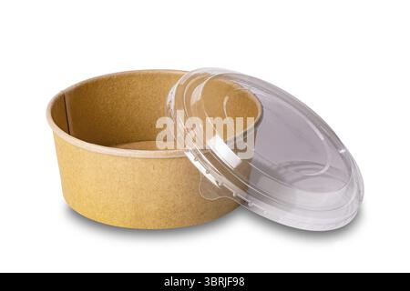 Empty single brown paper bowl with transparent plastic lid isolated on white background with clipping path Stock Photo