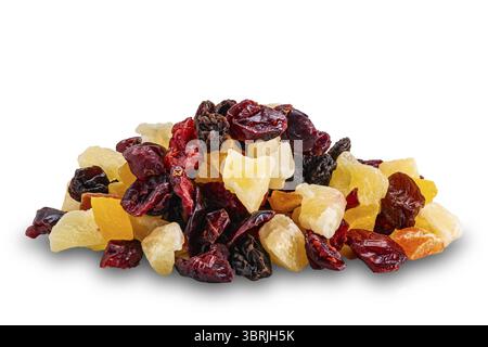 Pile of various dried tropical fruit isolated on white background with clipping path Stock Photo