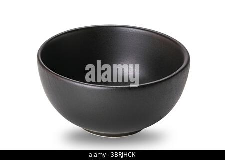 Empty black ceramic bowl isolated on white background with clipping path. Deep round black ceramic bowl, closeup view Stock Photo