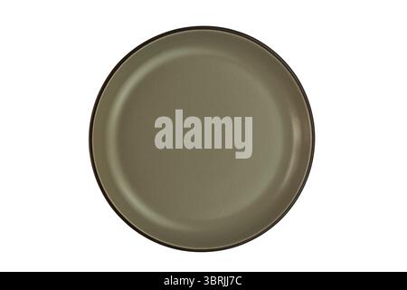 Empty single dark brown ceramic plate with dark edge isolated on white background with clipping path, top view, closeup, horizontal format Stock Photo
