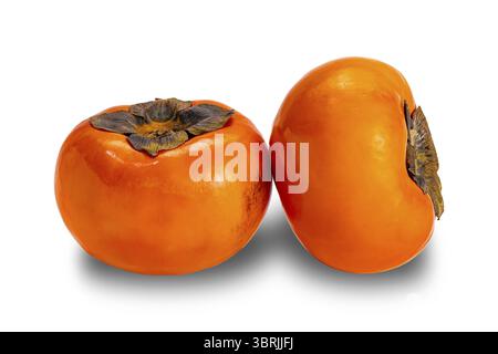 Closeup view of ripe Persimmon fruit, Diospyros kaki, Chinese Persimmon, Japanese Persimmon, isolated on white background with clipping path Stock Photo