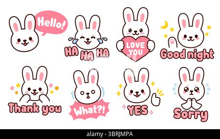 Cute cartoon bunny character sticker set. Chat emoji with text messages: Hello, Sorry, Thank you, Love you, etc. Kawaii white rabbit vector illustrati Stock Vector