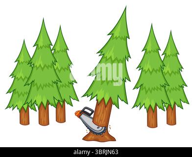 Cutting fir tree with chainsaw, forest logging, timber industry. Cartoon vector illustration. Stock Vector