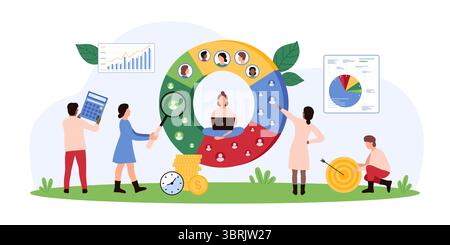Vector illustration of tiny people analyzing and segmenting an audience using charts and graphs, focusing on marketing strategies, data analysis, and customer insights. Stock Vector