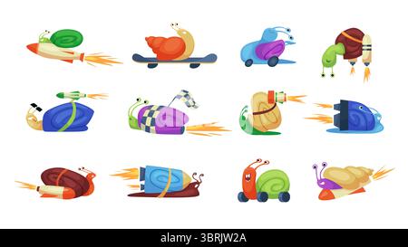Fast moving snails set. Cute garden quick slugs with shells of different colors ride on skateboard and wheels, funny turbo snails racers fly on speed rockets in race cartoon vector illustration Stock Vector