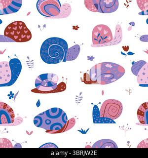 Blue and purple baby slugs with different patterns on spiral shells, snails design with stars and scribble, garden flowers and leaf, geometric shapes vector illustration. Cute snails seamless pattern Stock Vector