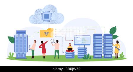 Vector illustration of people interacting with data servers and cloud technology, highlighting big data management, storage, and analysis. Perfect for technology, IT, and data science themes. Stock Vector